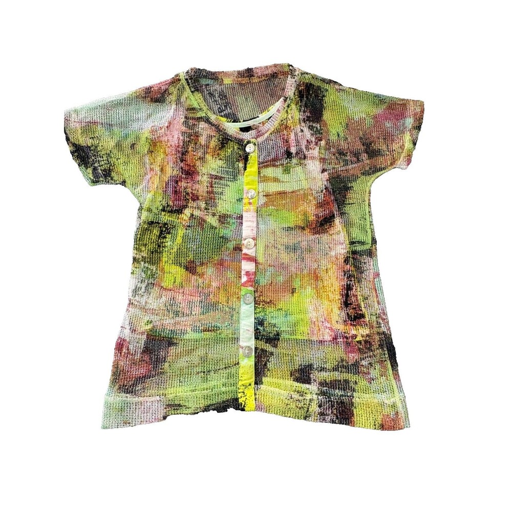 Onque Casuals Top Womens Petite Small Fishnet Shell Lined Colorful Short Sleeve